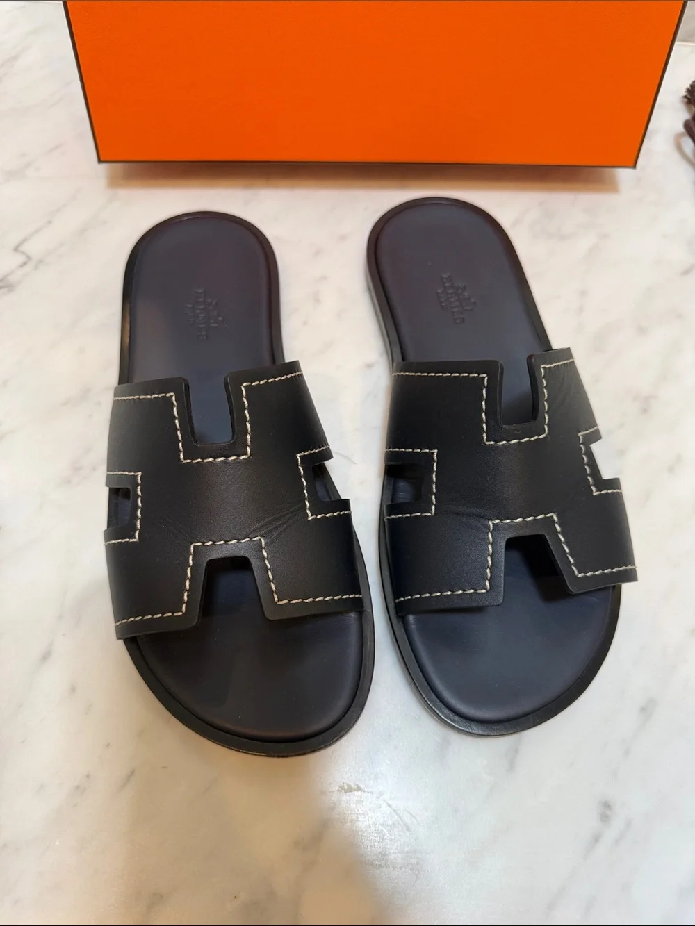 Hermes Men’s Navy Izmir Leather Slide Sandals